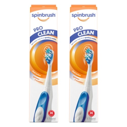 2 Pack Arm & Hammer Spinbrush Pro Clean Battery Toothbrush, Medium, 1 ea - Afbeelding 1 van 7