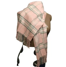 V. Fraas Plaid Fringed Rectangle Scarf Soft Made in Germany Pink Gray 59x11.25