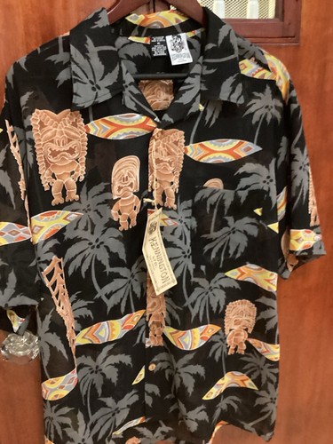 Kennington LTD Hawaiian Shirt XL Men 55% Poly 45% Viscose Black Tiki Palm Trees