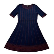 41 Hawthorn Navy Blue Burgundy Fit & Flare Fair Isle Knit Sweater Dress M Petite
