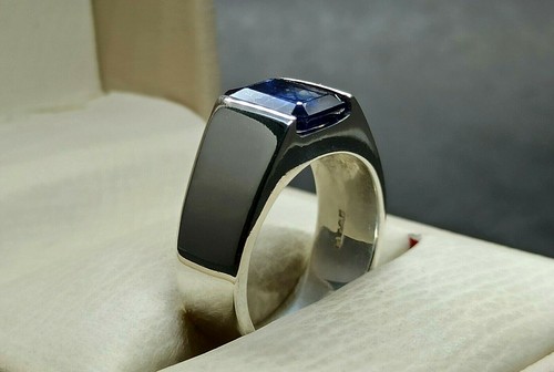Emerald Cut 4 Carat Natural Blue Sapphire Sterling Silver 926 Handmade Mens Ring - Picture 5 of 12