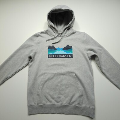 Helly Hansen Mens Sweatshirt Medium Gray Hoodie Nature Skyline Logo Spell Out M