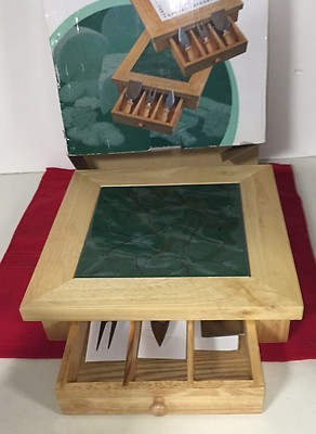 NEW LIGHT WOOD CHEESEBOARD DRAWER GREEN MARBLE TILE TOP 3 PIECE WIDGET SET
