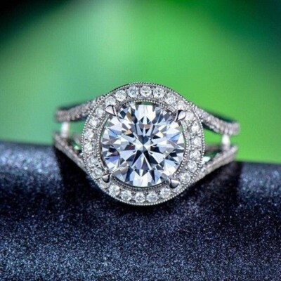 Moissanite Halo Wedding Ring 3.50 Carat Round Cut 14K White Gold Plated Silver