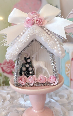 #ad Shabby Cottage Chic Reindeer House Pink Rose Glitter Christmas Tree Ornament $13.99