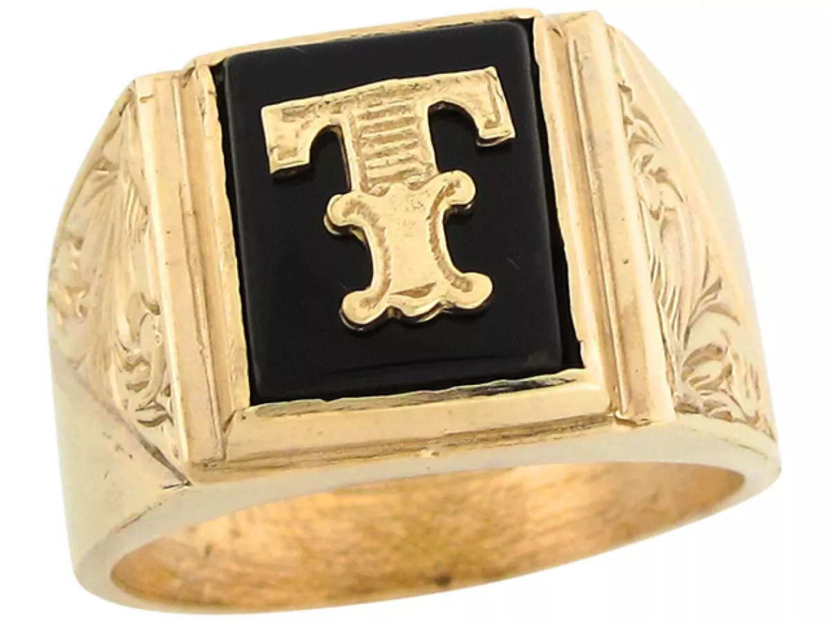 10k or 14k Real Gold 12x10mm Rectangle Onyx Letter T Fancy Mens