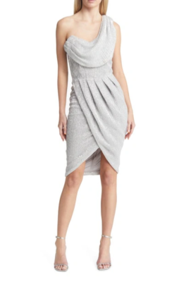 Lavish Alice Women's Midi Dress Silver One Shoulder Draped Sequin