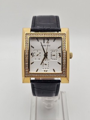 Mary Kay Multifunction Unisex Quartz Watch Gemset Goldtone Square Leather Analog