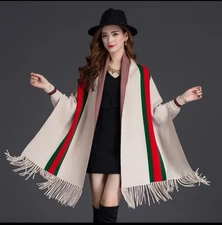 women winter new fringed stripe sleeve cape double sided thickened big scarf
