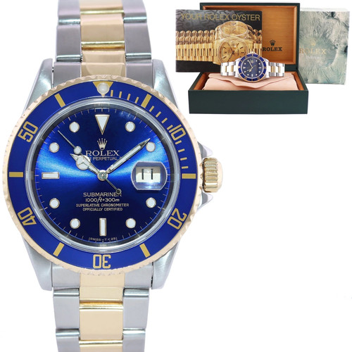 MINT Rolex Submariner 16613LB Gold Steel Two Tone Yellow Gold Sunburst Blue Dial