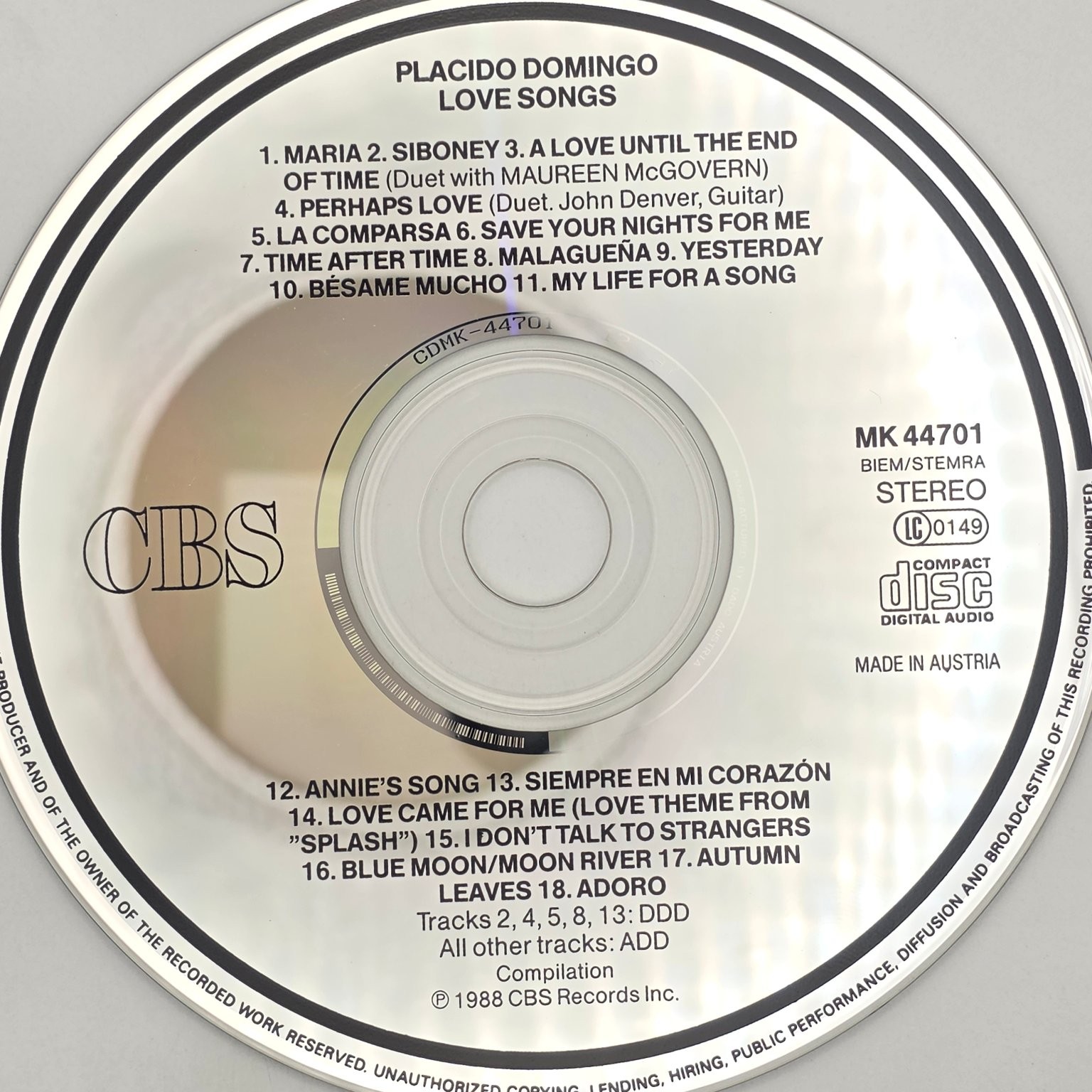 Placido Domingo Love Songs CD CBS MK 44701 Made in Austria 1988