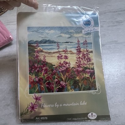RTO M976 Flowers by a Mountain Lake Cross Stitch Kit 22x22cm DMC Threads