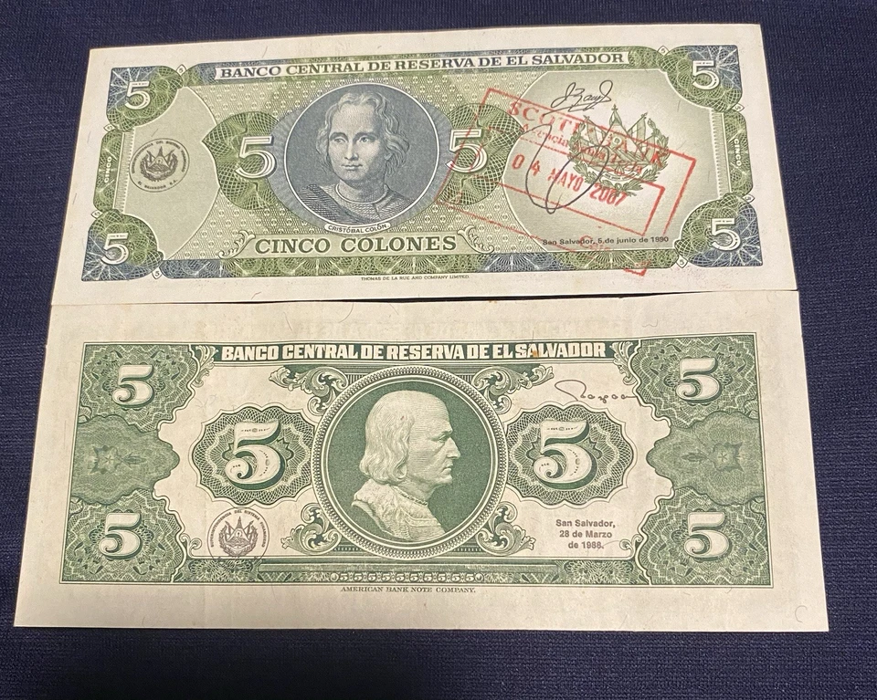 lote de dos billetes de 5 colones de el salvador de 1988-1990 Foto 2 de 2