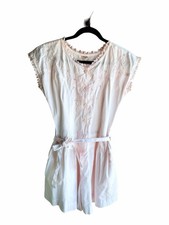 Vintage Powder Light Pink Romper M Cotton Lace Trim Button Front Belted Pockets