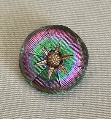 1-Czech Button 27mm Cushion Flower Purple Green Gold Silver Back Metal Shank