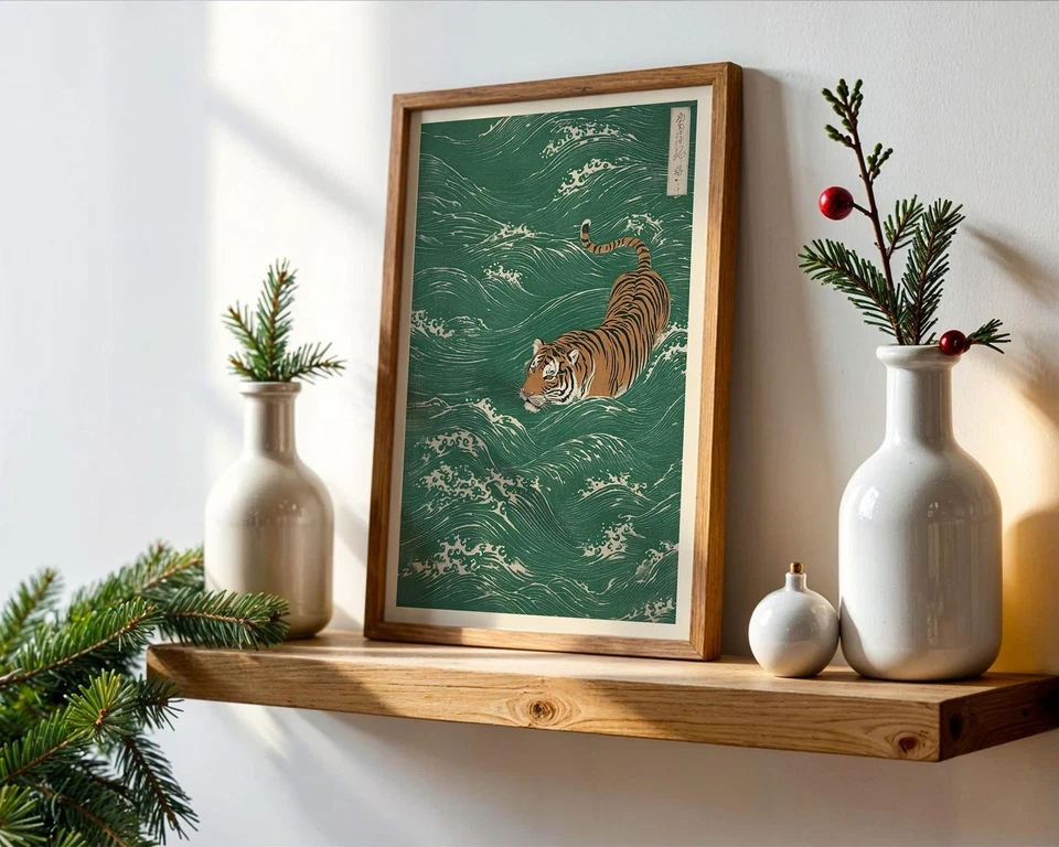 Japanese Tiger Poster – Minimalist Wave Art Print, Oriental Wall Decor Gift - Image 4 of 4