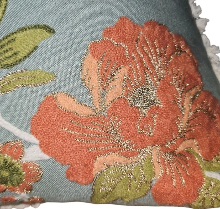 Embroidered Blue Decorative Throw Pillow Crane Bird Floral 20" x 20"EUC - Image 4 of 4