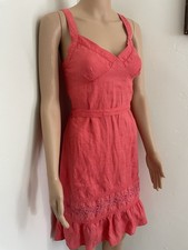 Vtg Old Navy Y2K 100% Linen Babydoll Midi Dress 2005 Embroidered Coral Floral