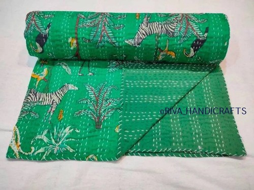 Indien Queen Handmade Animal Screen Print Green Cotton Bedspread Kantha Quilt - Picture 4 of 4