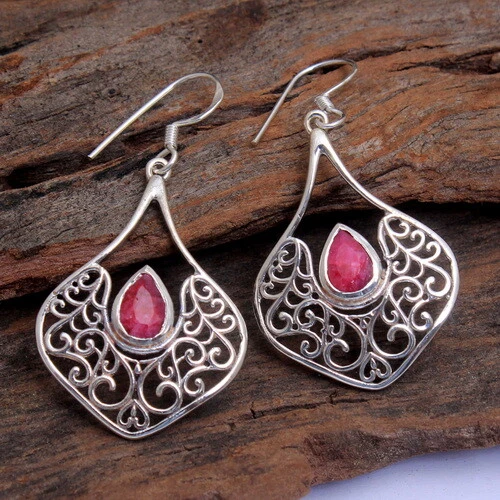 Lab created dyed ruby Gemstone 925 sterling Silver Jewelry dangle Earring 1.9" - Image 2 of 2