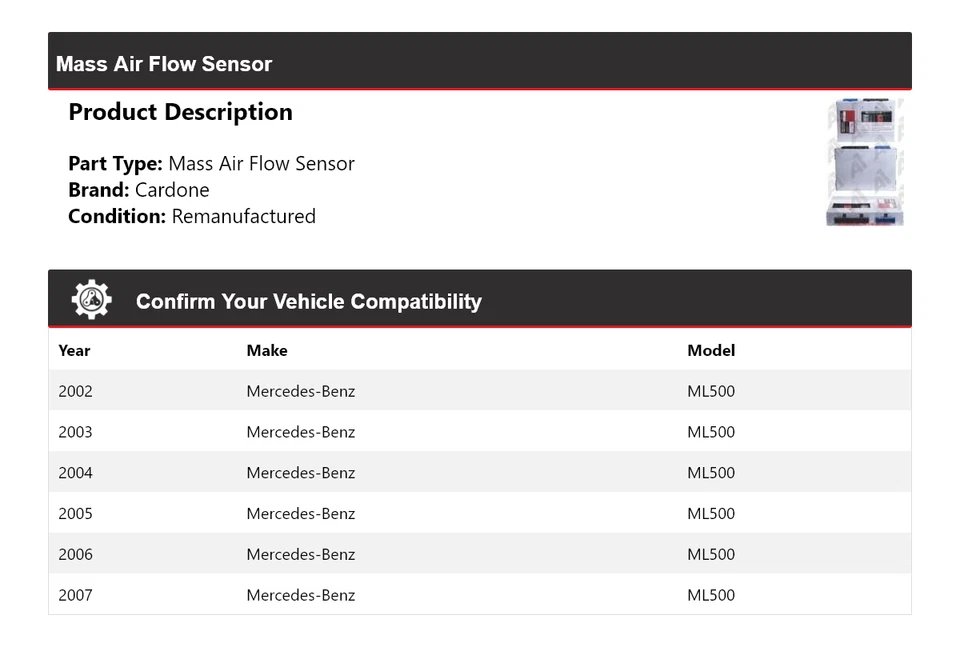 Sensor de flujo de aire másico Cardone 2003 2004 2005 para Mercedes-Benz ML500 2002-2007 Foto 2 de 4