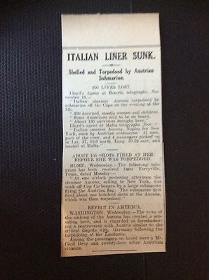 d2-1 ephemera ww1 1915 Artikel italienischer Dampfer Ancona versenkt torpediert vor Kap