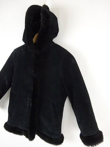 Wilson Kids Black Suede Leather Hooded Coat Faux Fur Lined ~ Kids Medium - Picture 5 of 10