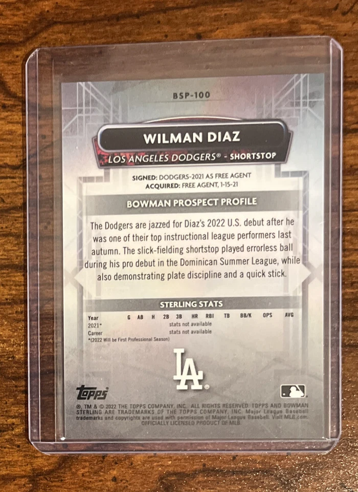 WILMAN DIAZ 2022 Bowman Sterling Prospect GOLD REFRACTOR Los Angeles Dodgers /50 - Image 2 of 2