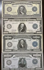 Reproduction Set 1918 Fed Reserve Notes $500 $1000 $5000 $10000 See Description!