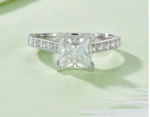 2.45Ct Princess Cut Real Moissanite 14k White Gold Plated 925 Engagement Ring - 第 3/4 張圖片
