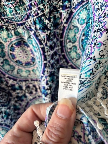 C Est 1947 XL Blouse Blue White Off Cold Shoulder Boho Coverup Mandala Fringe - Picture 9 of 10