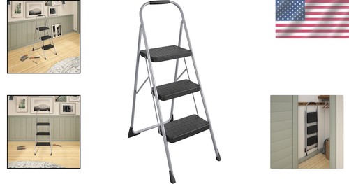 Three-Step Folding Step Stool with Rubber Grip - Slip Resistant, Platinum Color - Picture 2 of 10