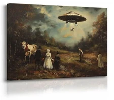 Godont Ufo And Victorian Landscape Oil Painting Art Print Psychedelic Spacesh...