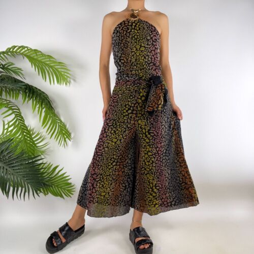 Vintage Y2K Colorful Leopard Print Bohemian Halter Neck Wide Leg Jumpsuit / Med - Picture 3 of 8