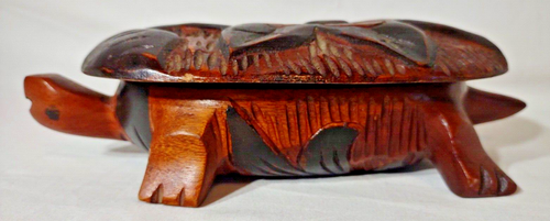 Scatola portaoggetti tartaruga legno teak 10 1/2""X6"" vintage motivo raro - Foto 8 di 12