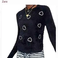 New Zara woman’s black fuzzy textured jeweled hearts sweater. Size M. Sold out
