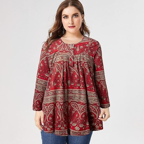 Paisley Plus Size Tunic - Red Size 24 Long Sleeve Lightweight Blouse - Bild 3 von 5