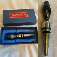 Perle Veneziane Italian Venice Italy Bottle Stopper Hand Blown Glass Blue Silver