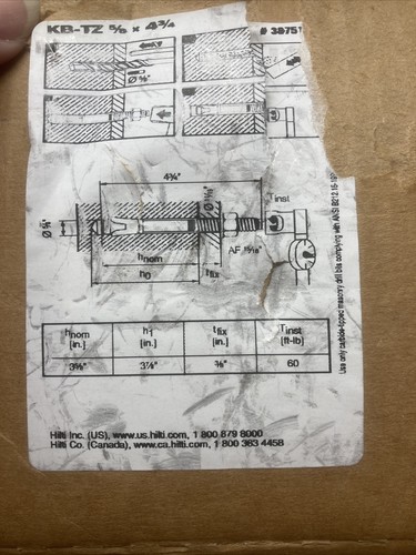 15 Hilti ⅝”x 4¾” KN-TZ #387516 Redhead Expansion Anchors Open Box - Picture 6 of 6