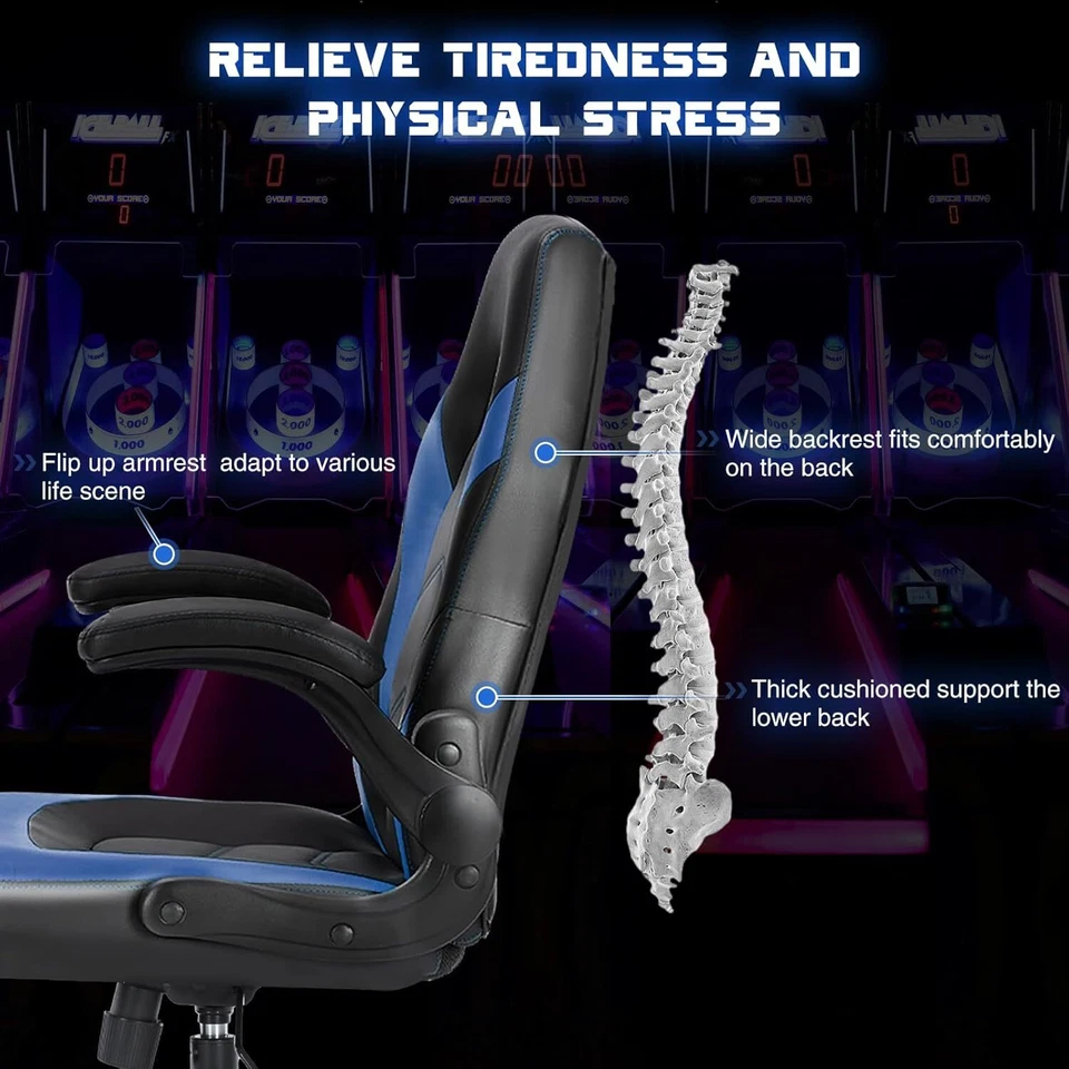 Blue PU Leather Gaming Chair Ergonomic Computer Executive Adjustable Desk Chairs - Image 4 of 4