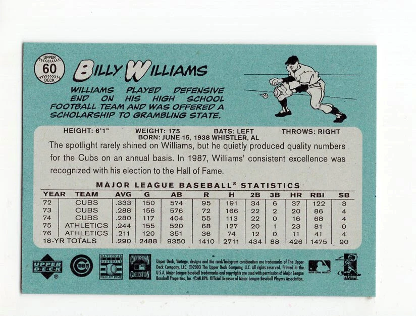 2003 Upper Deck Vintage Billy Williams (HOF) #60 Chicago Cubs Free Shipping - Image 2 of 2