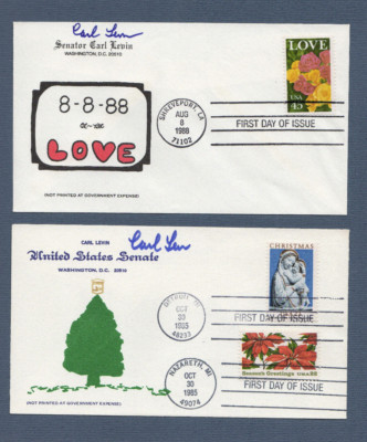 US Senator Carl Levin (D-MI) 2 Signed FDCs 1985 and 1988 Love and Christmas |