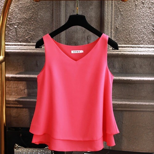 Damen Bluse Tops Sommer Ärmellos Chiffon Shirt Einfarbig V-Ausschnitt Freizeitbluse - Bild 23 von 34