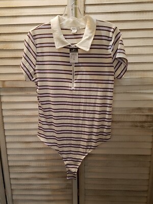 Rue 21 Womens Bodysuit Shirt Size XL White Purple Brown Striped Short Sleeve 
