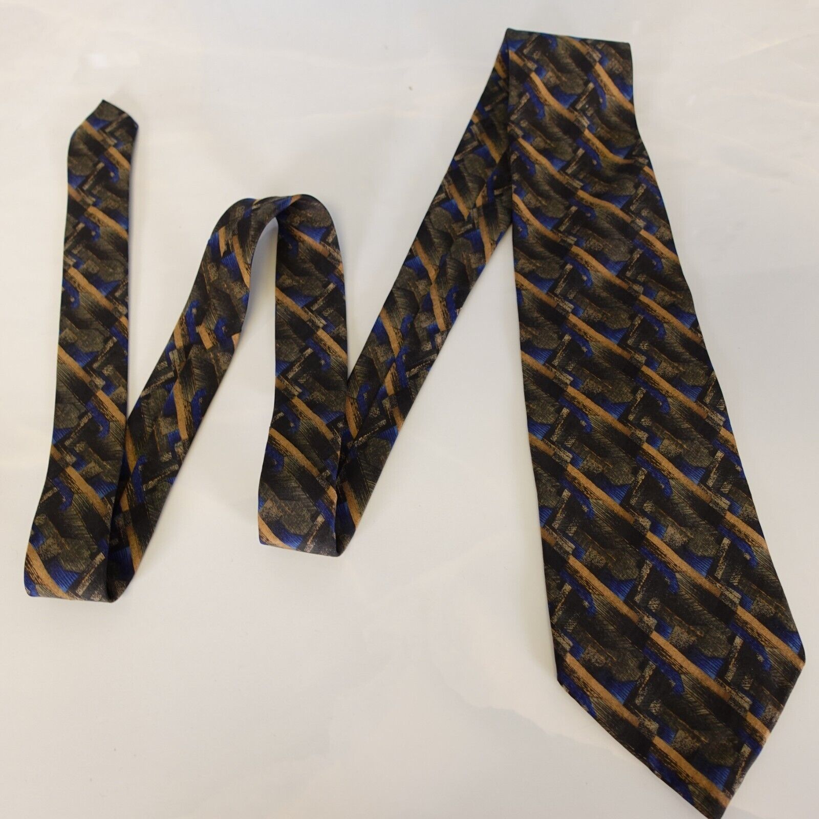 Neck Tie Mens Brown Blue Silk Abstract Graphic Ar… - image 4
