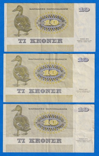 Denmark 10 Kroner x 3 - P-48a + P-48a (1972) Circ. Notes - 3 diff signature sets - Picture 2 of 4