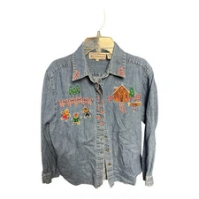 Westbound Vintage Denim Shirt Womens Embroider Peppermint Scene Button Petite