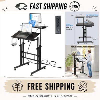 Hadulcet Mobile Standing Desk with Charging Station, Adjustable Height
