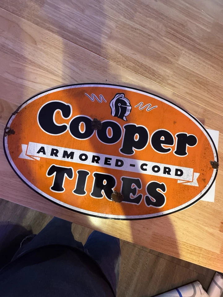 Old style-porcelain look Cooper Tires Armored Cord Sales Service Flange Sign - Image 3 of 4