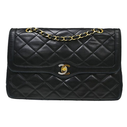 Chanel Black Lambskin Paris Double Flap Shoulder Bag KQ01189